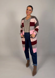 Ciara randig stickad  kofta Rosa