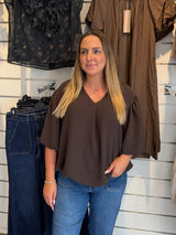 Saga V-ringad topp med ballong arm Choco