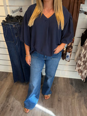 Saga V-ringad topp med ballong arm Navy