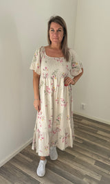 Alexa - Klänning Lång Blommor Beige