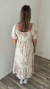 Alexa - Klänning Lång Blommor Beige