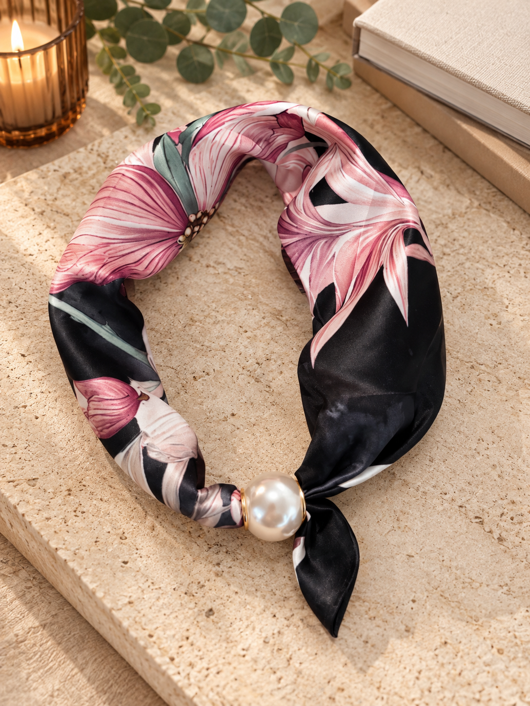 Kalya Scarf med pärla Flower Svart