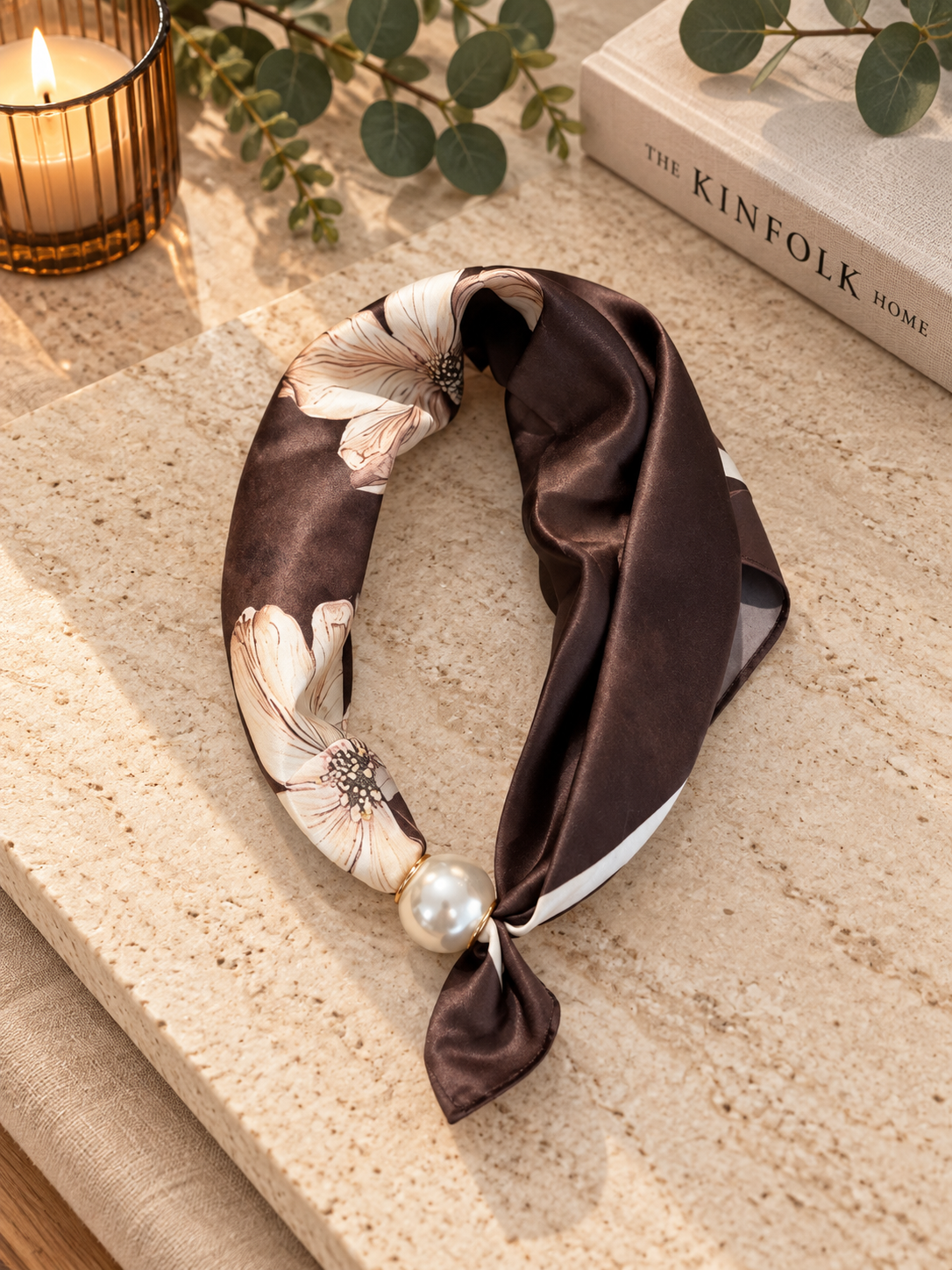Kalya Scarf med pärla Flower Coffee