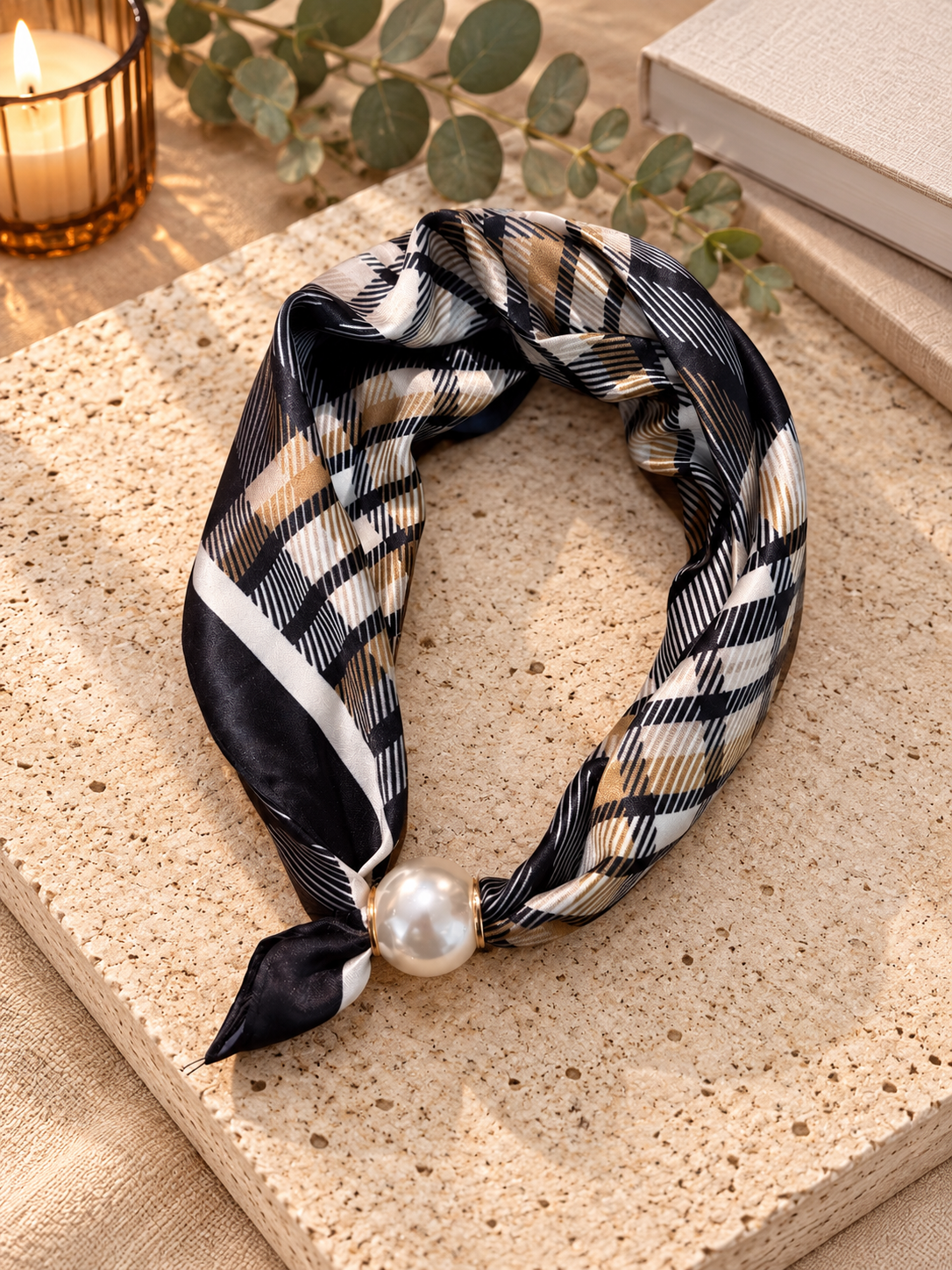 Kalya Scarf med pärla Rutig Svart
