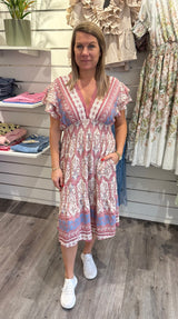 Mindy - Kort- Klänning - Mönster -Cream/Rosa/Blå