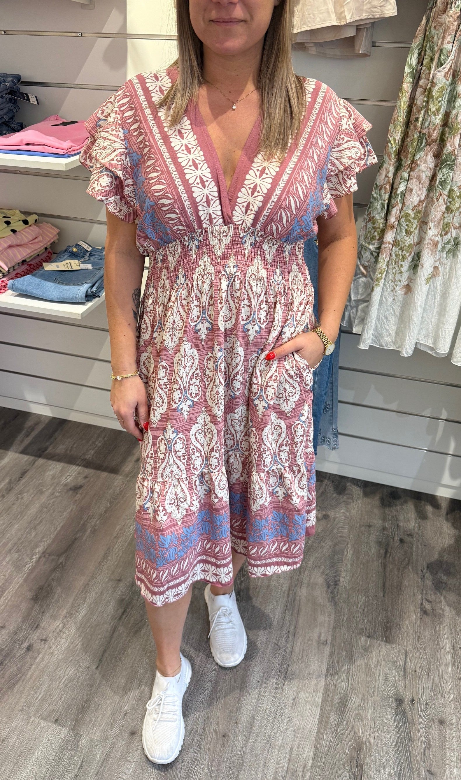 Mindy - Kort- Klänning - Mönster -Cream/Rosa/Blå