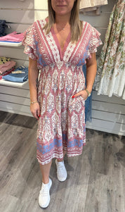 Mindy - Kort- Klänning - Mönster -Cream/Rosa/Blå