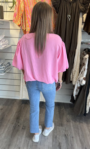 Saga V-ringad topp med ballong arm Rosa