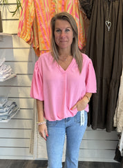 Saga V-ringad topp med ballong arm Rosa