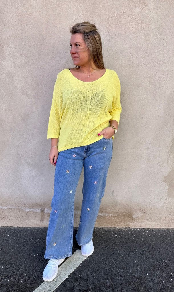 Dixi- Miniflare jeans med blommor -  Denim - Nyhet