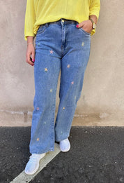 Dixi- Miniflare jeans med blommor -  Denim - Nyhet