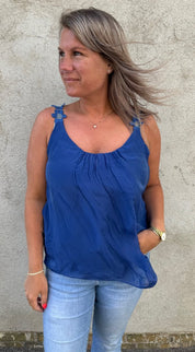 Ellen - Silkeslinne- Blommor - Navy