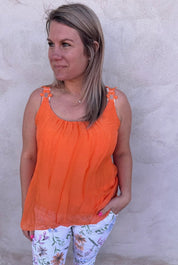 Ellen - Satinlinne - Blommor - Orange - Nyhet