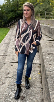 Emilia- Blus - Mönster - Svart/Brun/Beige - Nyhet
