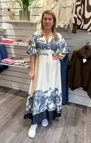 Gisela - Klänning - Mönster - Cream/Blå - Nyhet