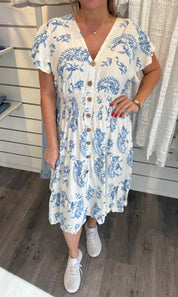 Mindy Kort Klänning - Mönster Creme/Blå