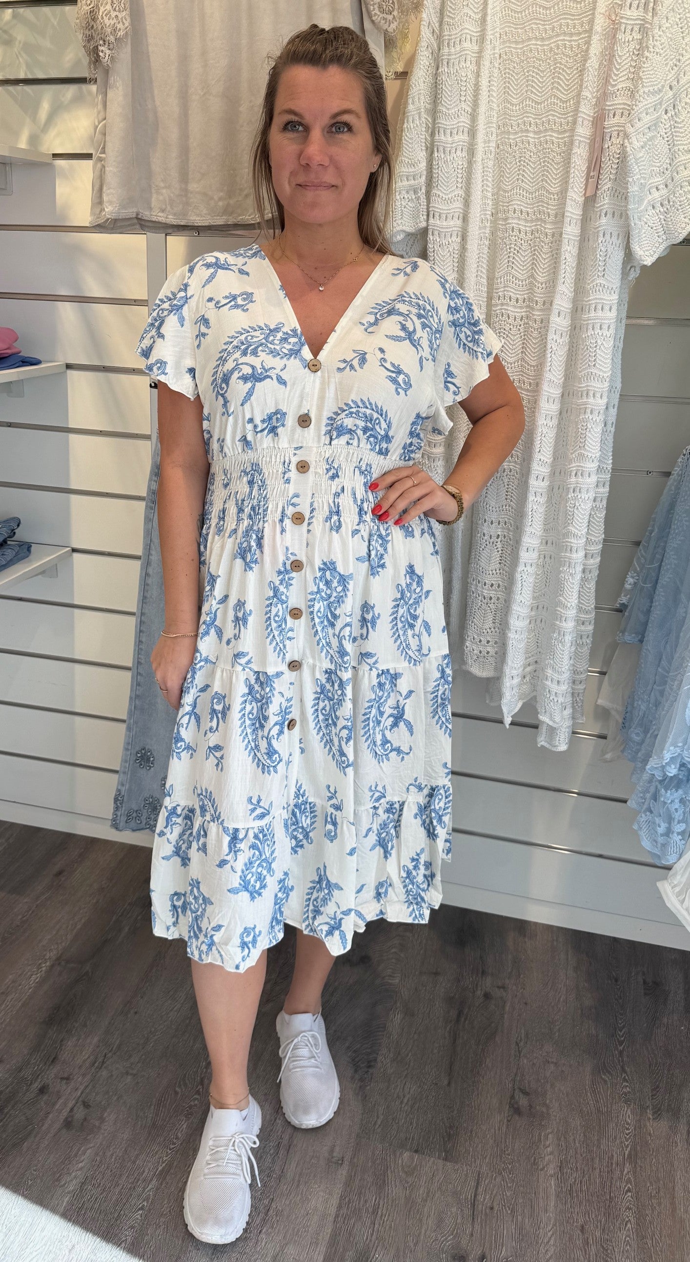 Mindy Kort Klänning - Mönster Creme/Blå