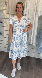 Mindy Kort Klänning - Mönster Creme/Blå