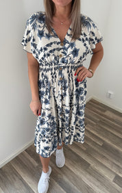 Mindy Kort Klänning - BladmönsterC17 - Navy