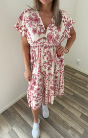 Mindy Kort Klänning - BladmönsterC17 - Rosa