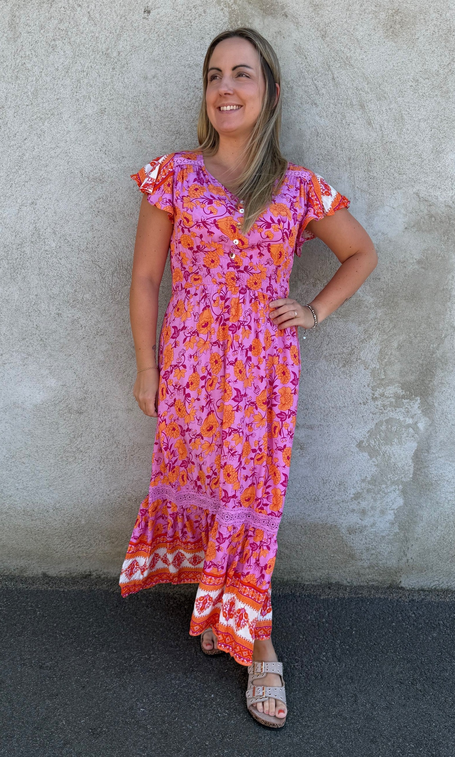 Nelly- Klänning - Blommor- Cerise/Orange