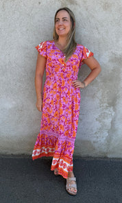 Nelly- Klänning - Blommor- Cerise/Orange