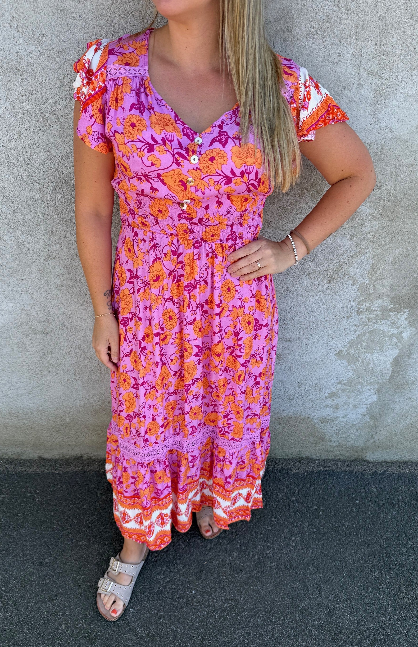 Nelly- Klänning - Blommor- Cerise/Orange