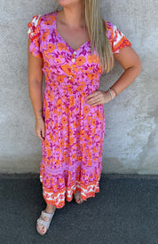 Nelly- Klänning - Blommor- Cerise/Orange