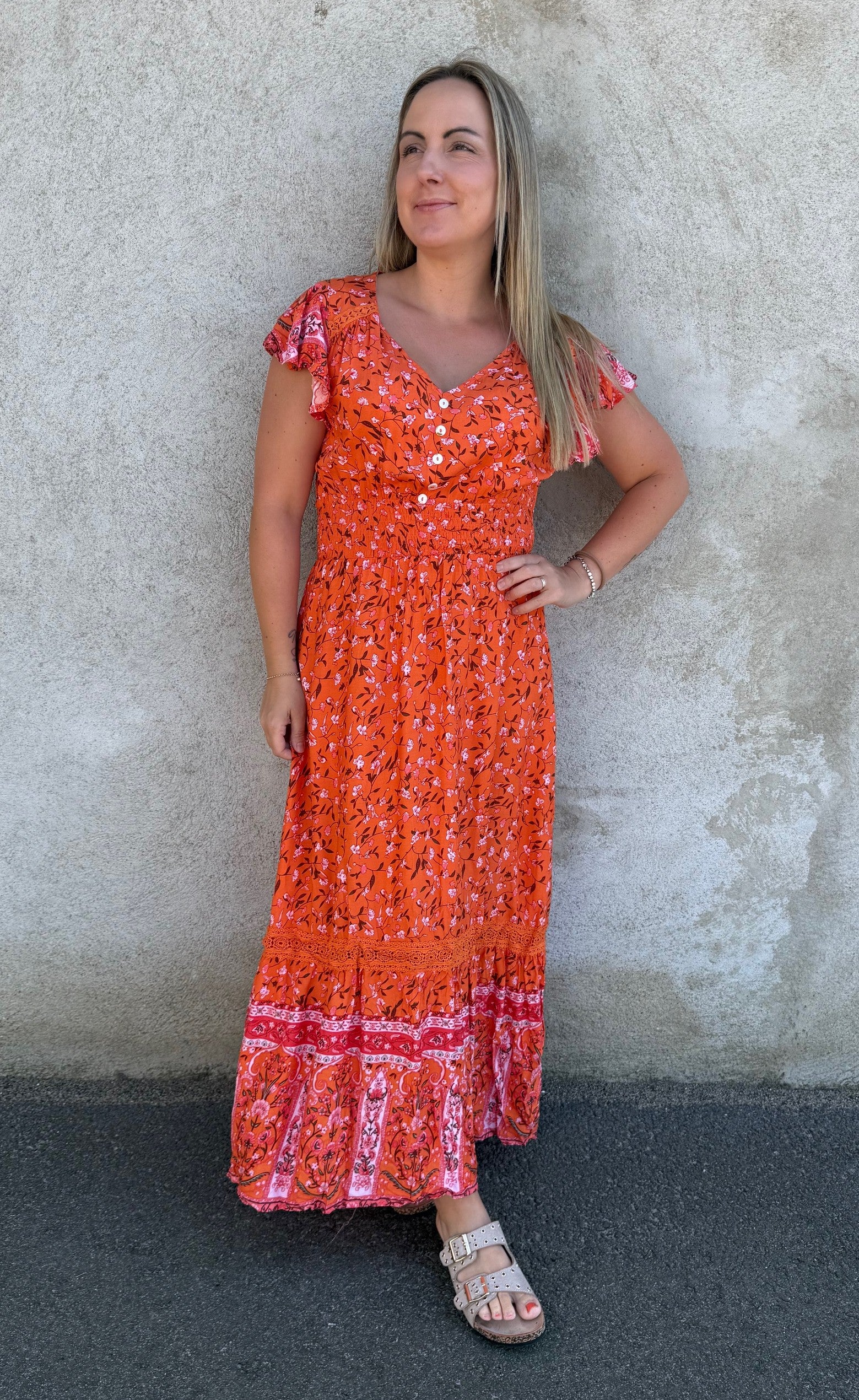 Nelly- Klänning - Blommor- Orange- Nyhet