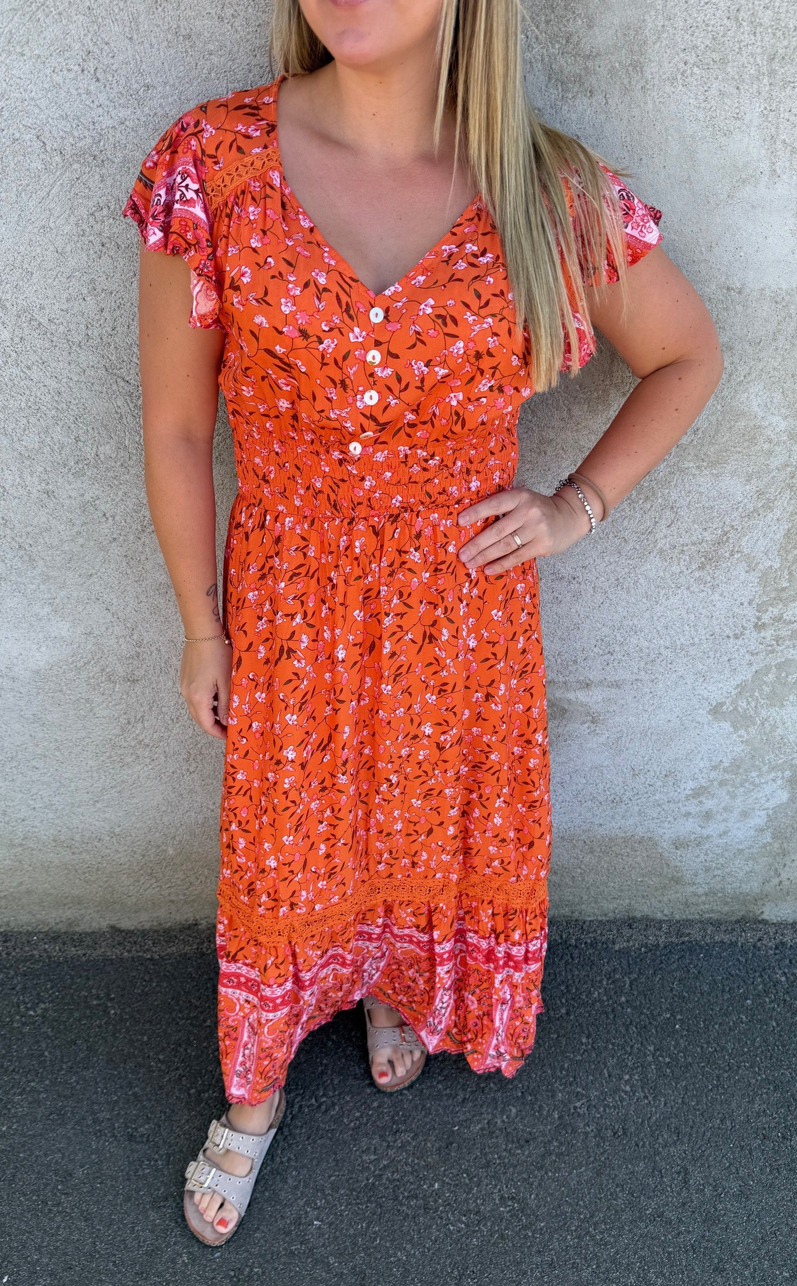 Nelly- Klänning - Blommor- Orange- Nyhet