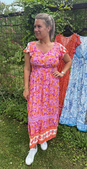 Nelly- Klänning - Blommor- Cerise/Orange