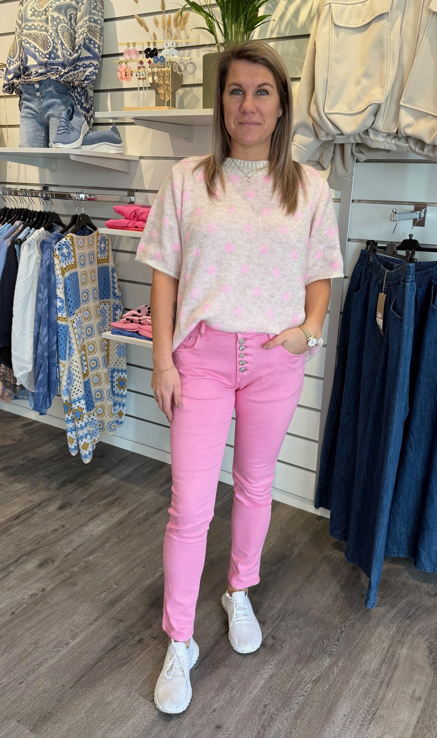 Fiona - Stickad tröja- Creme/Rosa - Prickig