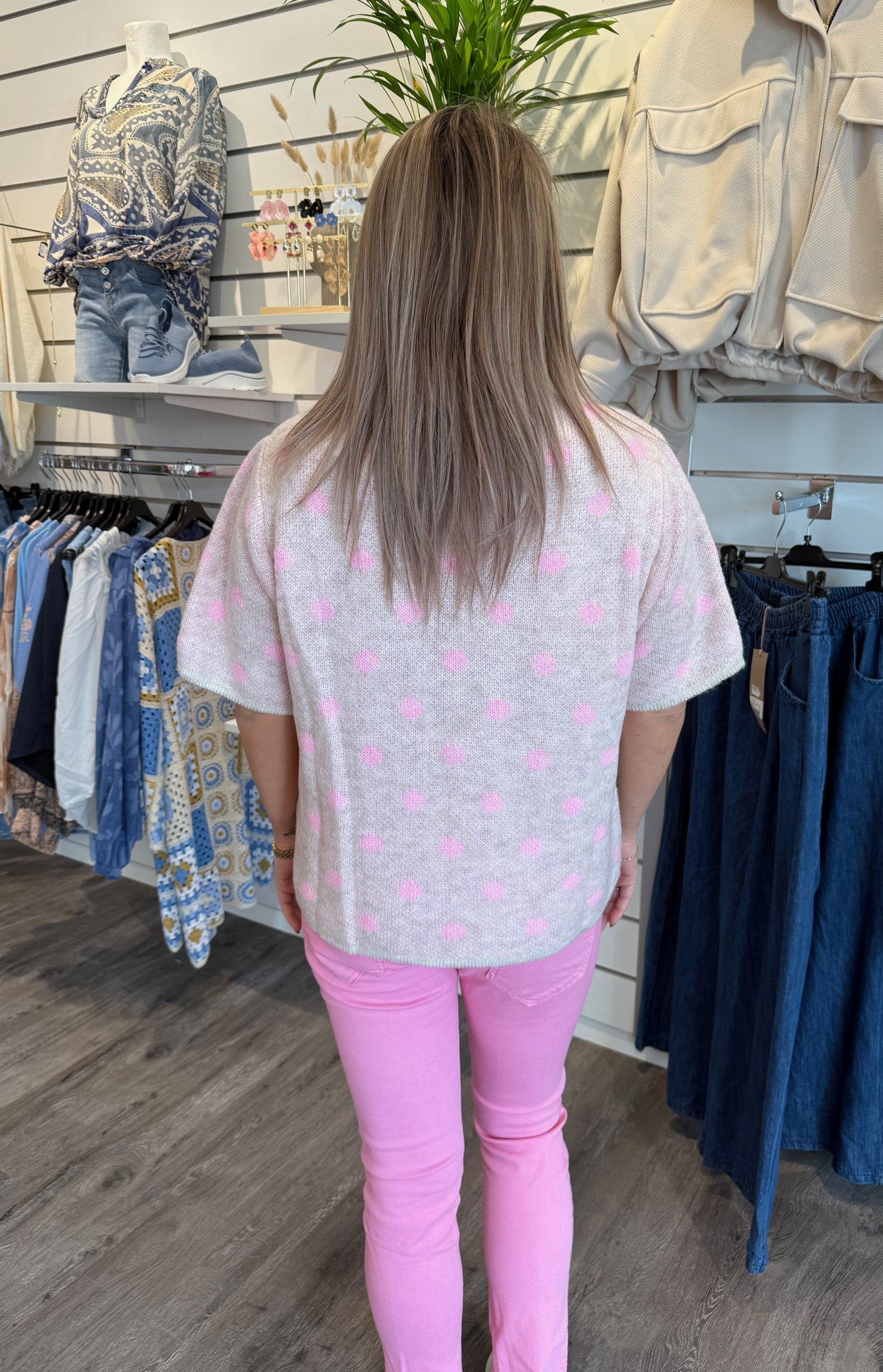 Fiona - Stickad tröja- Creme/Rosa - Prickig