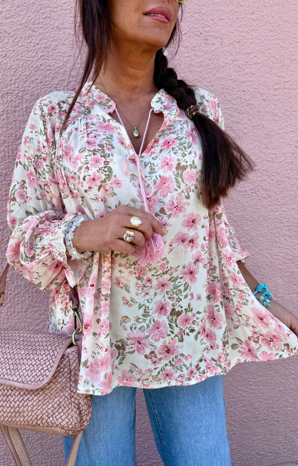 Susanne - Blus - Flower-  Offwhite