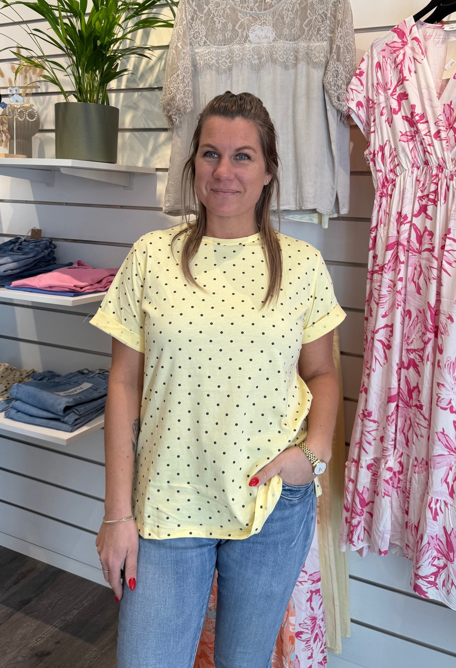 Ally T-shirt - Gul - Prickig