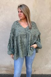 Carla - Bomullsblus - Flower - Khaki-  Nyhet