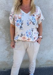 Lily - Linned Top - Blomster - Beige - Ny