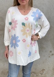 Rita- Stickad tröja -Blommor - Cream - Nyhet