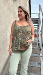 Saga- Linne - Blommor - Khaki- Nyhet