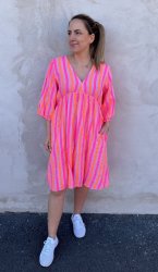 Zelda - Bomullsklänning Kort- Randig - Rosa/Orange - Nyhet