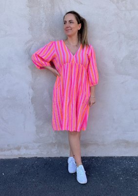 Zelda - Bomullsklänning Kort- Randig - Rosa/Orange - Nyhet